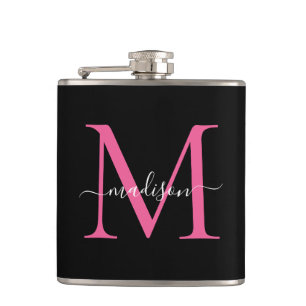 Modern Black Hot Pink Magenta Monogram Script Name Flachmann