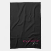Modern Black Hot Pink Simple Script Monogram Name Geschirrtuch (Vertikal)