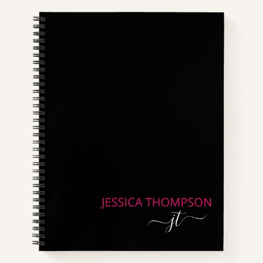Modern Black Hot Pink Simple Script Monogram Name Notizblock (Vorderseite)