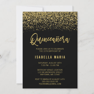 Modern Black Imitats Gold Glitzer Quinceanera Einladung