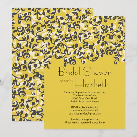 Modern Black Leaf Scroll Bridal Dusche Einladung (Vorne/Hinten)
