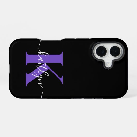 Modern Black Lila Script Monogram iPhone 16 Hülle (Rückseite (Horizontal))