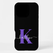 Modern Black Lila Script Monogram iPhone Hülle (Rückseite)