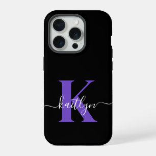 Modern Black Lila Script Monogram iPhone 15 Pro Hülle