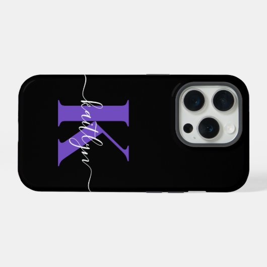 Modern Black Lila Script Monogram iPhone Hülle (Rückseite (Horizontal))