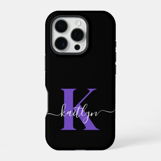 Modern Black Lila Script Monogram iPhone Hülle (Rückseite)