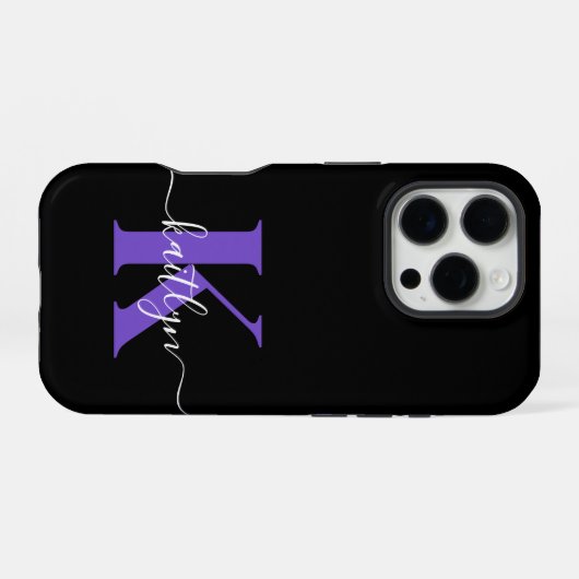 Modern Black Lila Script Monogram iPhone Hülle (Rückseite (Horizontal))