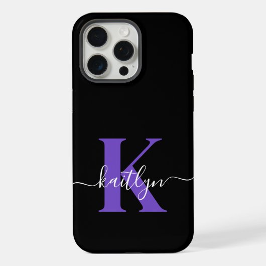 Modern Black Lila Script Monogram iPhone Hülle (Rückseite)