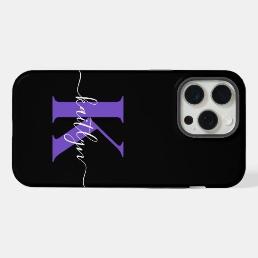 Modern Black Lila Script Monogram iPhone Hülle (Rückseite (Horizontal))