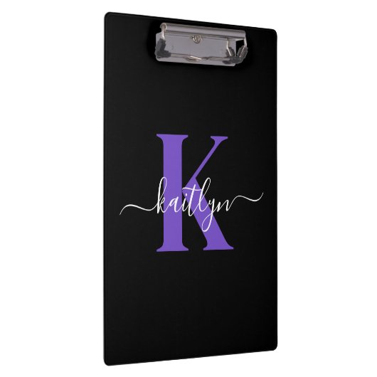 Modern Black Lila Script Monogram Klemmbrett (Rechts)
