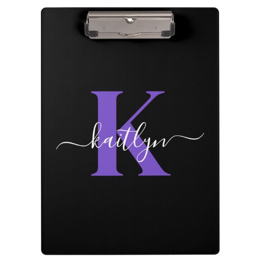 Modern Black Lila Script Monogram Klemmbrett (Vorderseite)