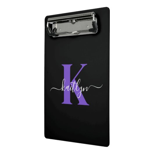 Modern Black Lila Script Monogram Mini Klemmbrett (Gewinkelt2)