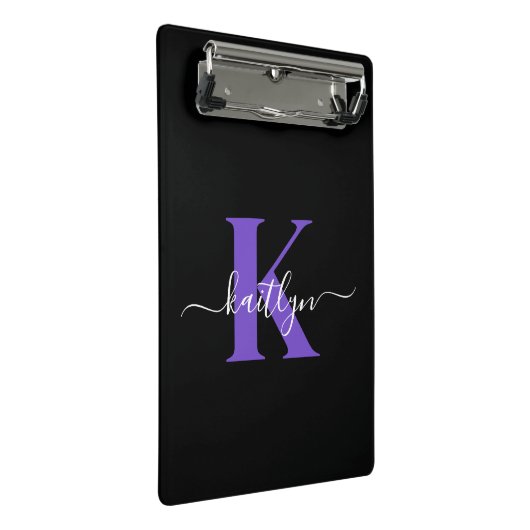 Modern Black Lila Script Monogram Mini Klemmbrett (Schrägansicht)
