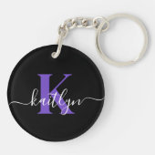Modern Black Lila Script Monogram Schlüsselanhänger (Rückseite)