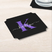 Modern Black Lila Script Monogram Untersetzer (angewinkelt)