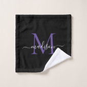 Modern Black Lila Violet Monogram Script Name Badhandtuch Set (Waschlappen)