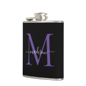 Modern Black Lila Violet Monogram Script Name Flachmann (Links)