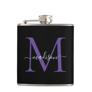 Modern Black Lila Violet Monogram Script Name Flachmann