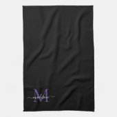 Modern Black Lila Violet Monogram Script Name Geschirrtuch (Vertikal)