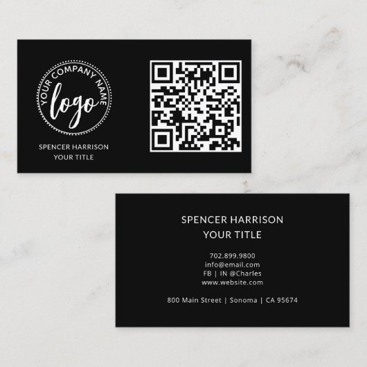 Modern Black Logo QR Code Template Visitenkarte (Vorne/Hinten)