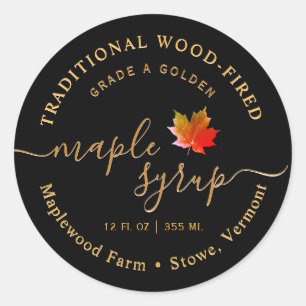 Modern Black Maple Sirup Label Leaf Script Runder Aufkleber