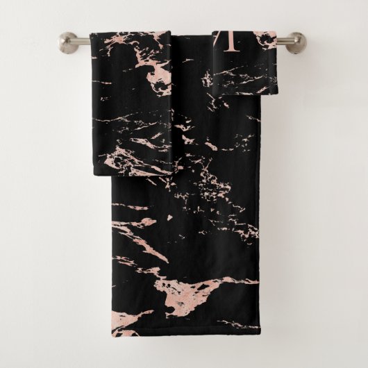 Modern Black Marble Rose Gold Foil Monogram Badhandtuch Set (Insitu)