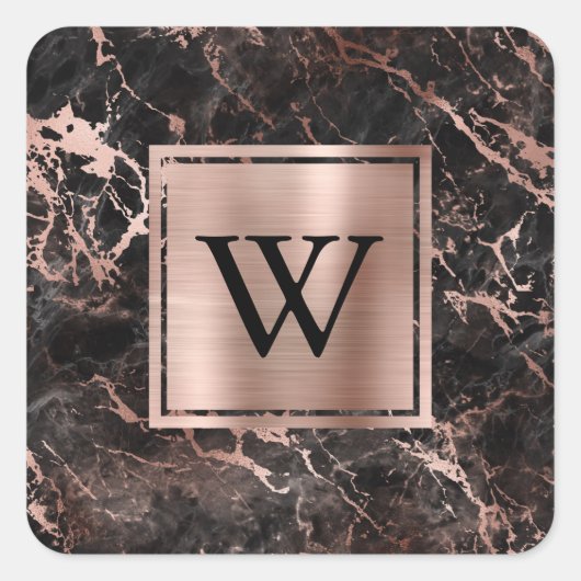 Modern Black Marble Rose Gold Monogram Quadratischer Aufkleber (Vorderseite)