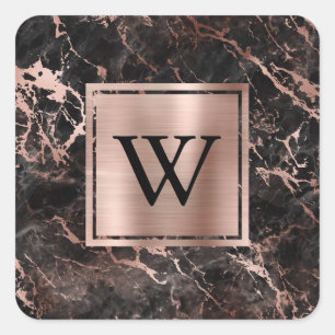Modern Black Marble Rose Gold Monogram Quadratischer Aufkleber