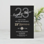 Modern Black Minimalist Men 23rd Birthday Party Einladung (Stehend Vorderseite)