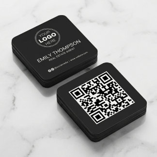 Modern Black Minimalist QR Code Social Media Quadratische Visitenkarte