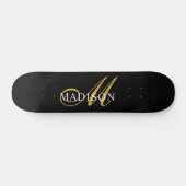 Modern Black Monogram Gold Script Name Skateboard (Horizontal)