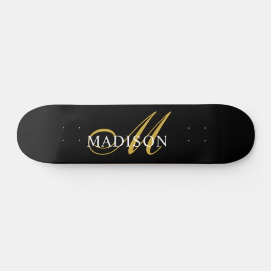 Modern Black Monogram Gold Script Name Skateboard (Horizontal)