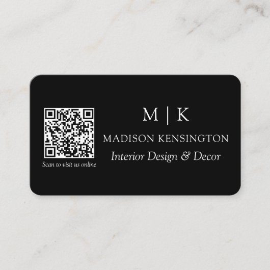 Modern Black Monogram oder Add Logo QR Code Visitenkarte (Vorderseite)