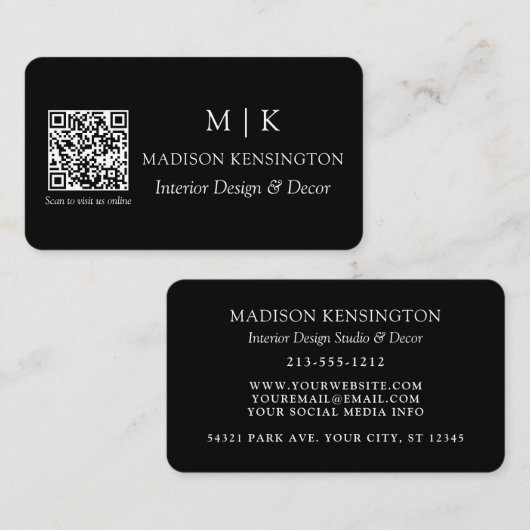 Modern Black Monogram oder Add Logo QR Code Visitenkarte (Vorne/Hinten)