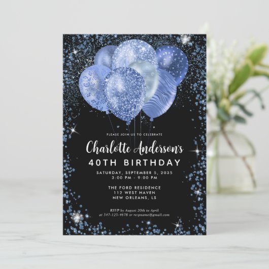 Modern Black Navy Blue Glitzer Balloon Birthday Einladung (Stehend Vorderseite)