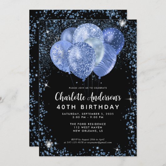 Modern Black Navy Blue Glitzer Balloon Birthday Einladung (Vorne/Hinten)