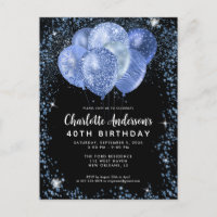 Modern Black Navy Blue Glitzer Balloon Birthday