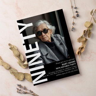 Modern Black NINETY Foto 90. Geburtstagsparty Einladung