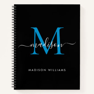 Modern Black Ocean Blue Girly Monogram Script Name Notizblock