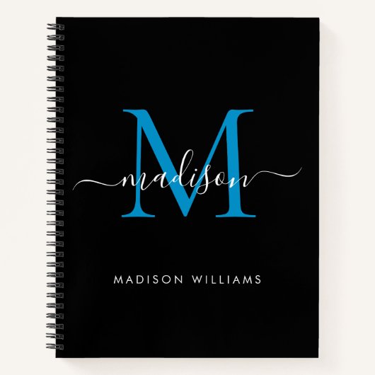 Modern Black Ocean Blue Girly Monogram Script Name Notizblock (Vorderseite)