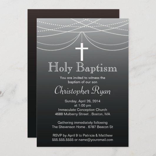 Modern Black Ombre Garland Cross Heilige Taufe Einladung (Vorne/Hinten)