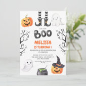 Modern Black Orange Little Boo Halloween Geburtsta Einladung (Stehend Vorderseite)