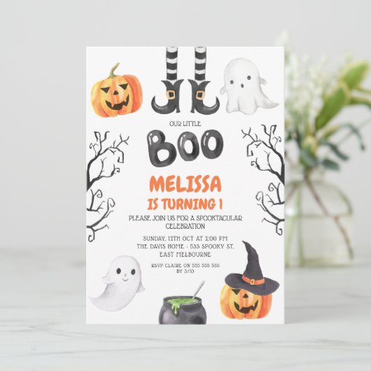 Modern Black Orange Little Boo Halloween Geburtsta Einladung (Stehend Vorderseite)