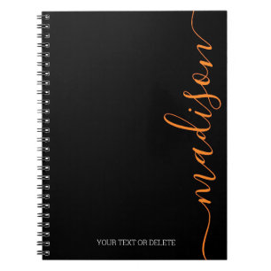Modern Black Orange Name Monogram Initial Notebook Notizblock