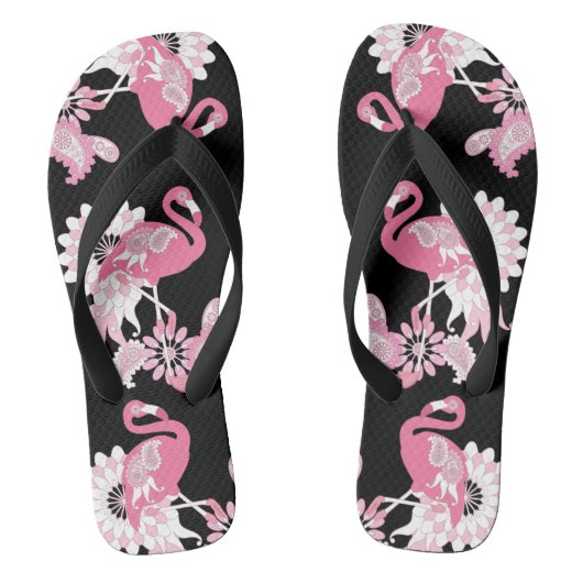 Modern Black Paisley Pink Flamingo Badesandalen (Fußbett)