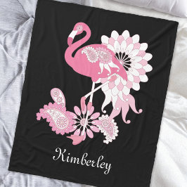 Modern Black Paisley Pink Flamingo Fleecedecke