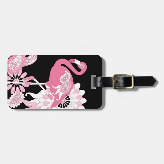 Modern Black Paisley Pink Flamingo Gepäckanhänger (Vorderseite horizontal)