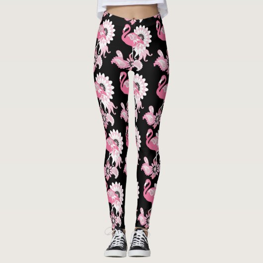 Modern Black Paisley Pink Flamingo Leggings (Vorderseite)