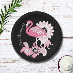 Modern Black Paisley Pink Flamingo Pappteller