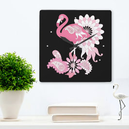 Modern Black Paisley Pink Flamingo Quadratische Wanduhr